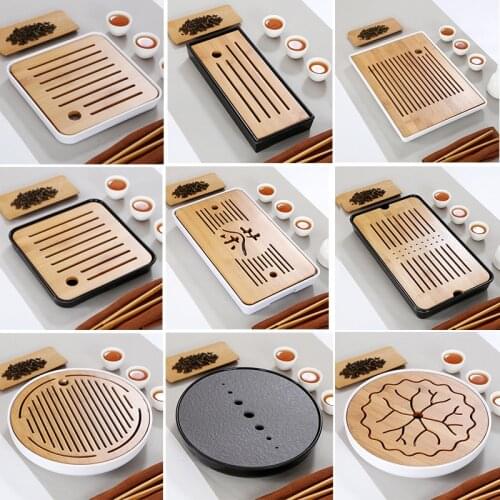 Bamboo Tea Tray Solid Bamboo Tea Board Kung Fu Tea Set with Drain Rack Tools Tea Serving Teapot Tray Set Kitchen Accessory