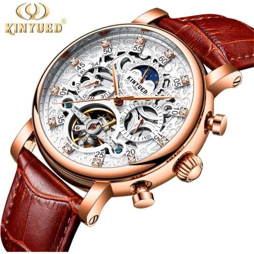 KINYUED Fashion Fully Automatic Multifunctional Mens Tourbillon Automatic Hollow Mechanical Luminous Waterproof Watch Men J026