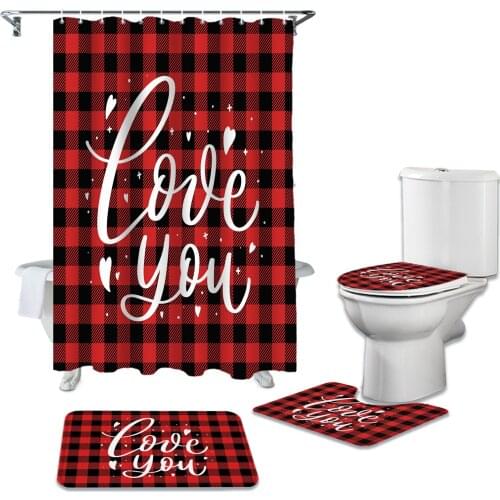 ValentineS Day Red Check Love You Shower Curtains Set Bath Mat Set Toilet Cover Bathroom Accessories Bathroom Rug Set