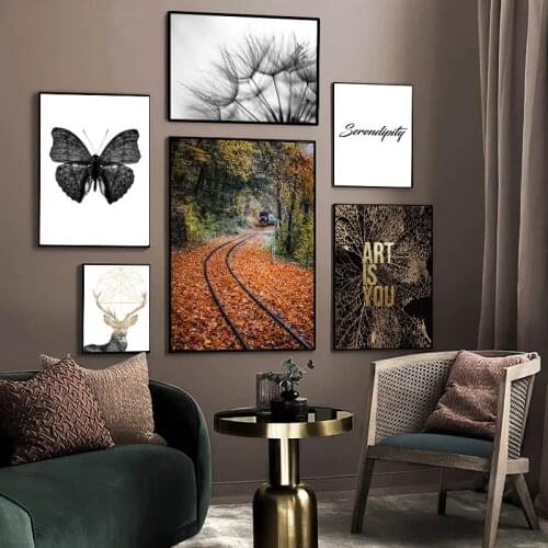 Nature Landscape Canvas Painting Geometric Elk Butterfly Forest Poster Nordic Wall Art Picture for Home Decor
