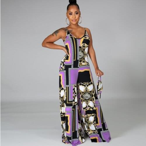 Bohemian Loose Jumpsuit Women Sexy Sleeveless Backless Spaghetti Strap Romper Summer Fashion Print Wide Leg Pants Party Jumpsuit