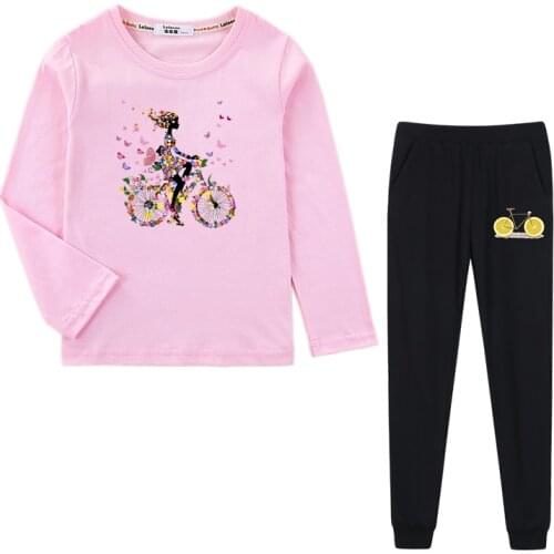 Aimi lakana girls long sleeved clothes 2pcs suit butterfly bicycle design tshirt pant 2pc sets kids cotton clothing