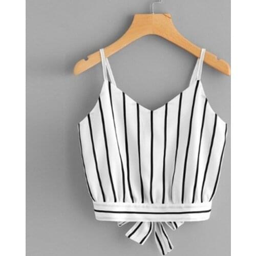 Striped Split Tie Back Crop Cami Top Women Casual Spaghetti Strap Bow Top Vest 2019 Summer Knot Beach Cropped Vest Camisole