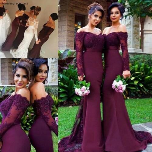 Off Shoulder Lace Bridesmaid Dress Burgunday Long Sleeves Maid of Honor Dress For Wedding Party Gown