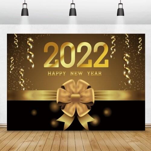Laeacco 2022 Happy New Year Gold Bow Tie Poster Banner Customized Christmas Party Photographic Backdrop Photography Background