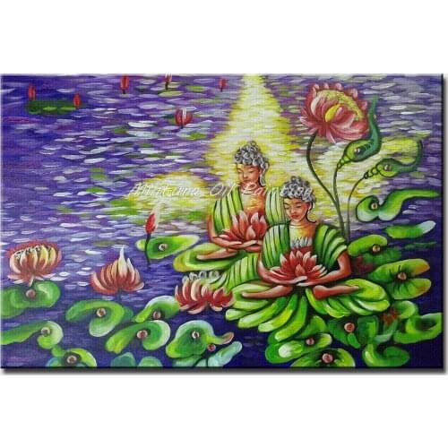 Mintura Art Hand Painted Acrylic Canvas Lotus and Avalokitesvara Oil Paintings Art Pictures Room Decor Hotel Decor Art No Framed