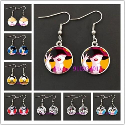 Fashion woman hat beautiful girl pattern glass cabochon earrings modern woman vacation woman and glamour girl earrings jewelry
