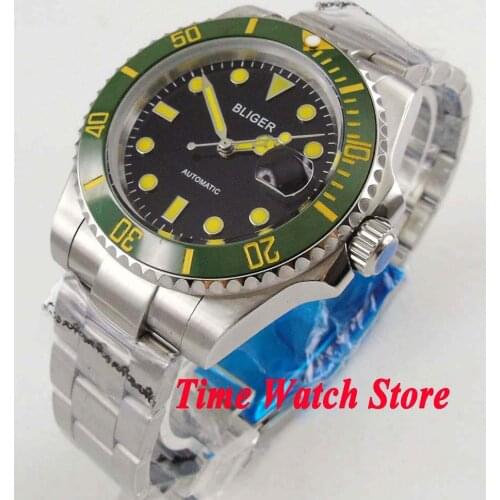Bliger 40mm Miyota 8215 Automatic mens watch sapphire glass Black dial yellow marks luminous ceramic bezel SS bracelet 286