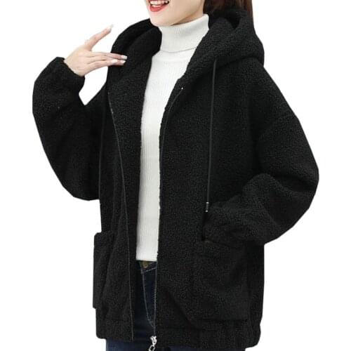 New Arrivals Winter Commuting Women Hoodie Zipper Lamb Wool Keep Warm Sweatshirt Solid Harajuku Long Sleeve Female Pullover