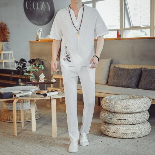 Plus Size Chinese Style Vintage Tracksuit Men Short Sleeve Top+ Pants 2 Piece Sets Tai Chi Uniform Costume Summer Man Clothing