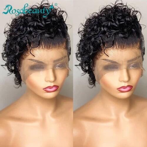 Rosabeauty Short Pixie Cut Curly Bob Lace Human Hair Wigs Brazilian Remy 8 Inch Human Hair PrePlucked With Baby Hair T Part