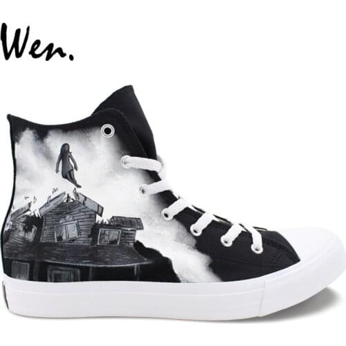 Wen Hand Painted Flat Shoes Design Pierce The Veil High Top Womens Canvas Sneakers Custom Mens Rope Soled Skateboard Shoes