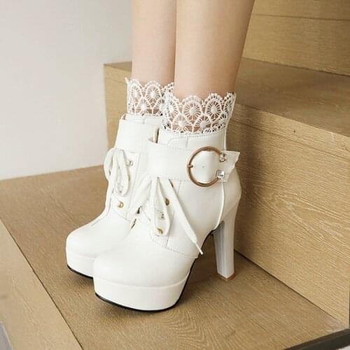 Lace Edge Breathable Autumn Womens Ankle Boots Waterproof Platform Ultra-High Thick Heel Round Metal Buckle Sexy Short Shoes