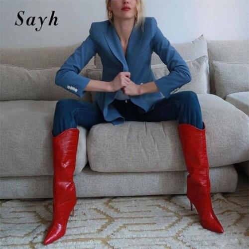 Women Leather Mid Calf Boots Punk High Heels Stilettos Autumn Winter Motorcycle Boots Vintage Pointed Toe Cowboy Western Boot