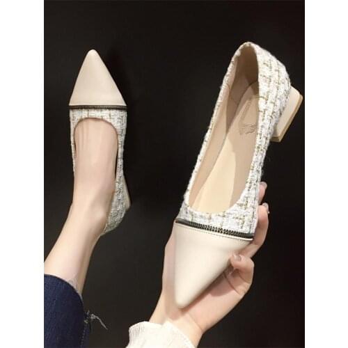 All-Match Shallow Mouth Low Heel High Heels Spring And Autumn New Fashion Pointed Chain Color Matching Ladies Single Shoes