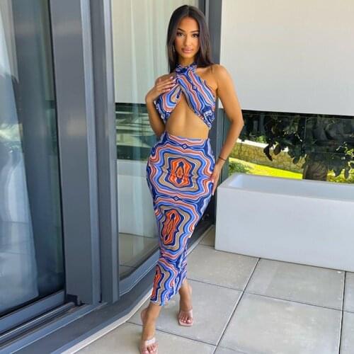 Tie Dye Print Women 2 Pieces Halter Crop Top Tanks Midi Skirt Set Bodycon Sexy Streetwear Party Elegant Club Clothes 2021 Summer