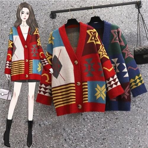 2021 autumn winter geometric rhombus sweater women loose fashion v-neck long-sleeved knitted cardigan