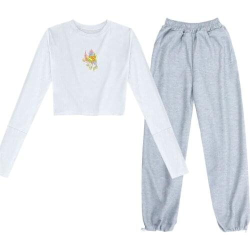 Vintage Phoenix Print Top Long Sleeve Cotton Harajuku Women Aestethic Sweatshirt Wide Leg Sweatpant Two-piece Suits for Girls