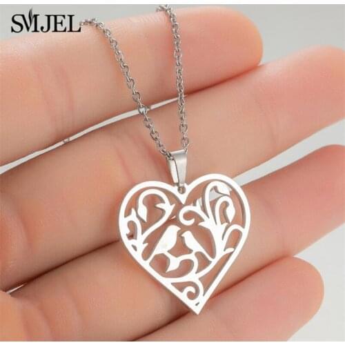 SMJEL Loving Couple Bird Peach Heart Pendant Necklace Women Girls Stainless Steel Female Charm Necklace Jewellery Accessories