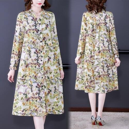2021 Spring Floral Mulberry Silk Shirt Dresses Autumn Women Casual Vintage Office Lady Midi Dress Elegant Bodycon Party Vestidos