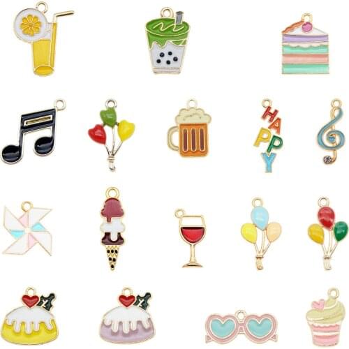 17pcs mix Enamel Alloy Charms Cake Music jewelry food pendant Ice Cream Letters Necklace earrings Metal Bracelet Gift Keychain