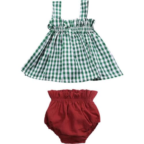 New 2pcs Kids Toddler Girls Clothes Cotton Newborn Baby Sets Sleeveless Plaid Tops+Pants Children Sets Summer Baby Girls Outfit