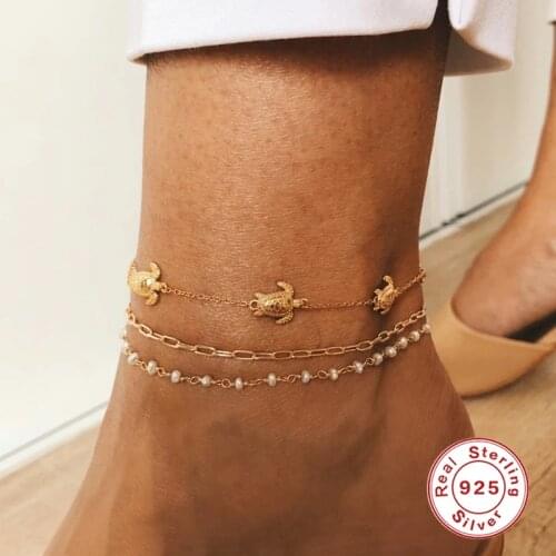 AIDE Cute Tortoise Tassel Anklet Bracelet 925 Sterling Silver Anklets For Women Vintage Women Girl Foot Jewelry Gift tobillera