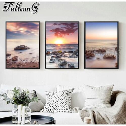 FULLCANG 5d diy diamond embroidery sale sunset beach scenery painting triptych full square round drill home decoration FC3510