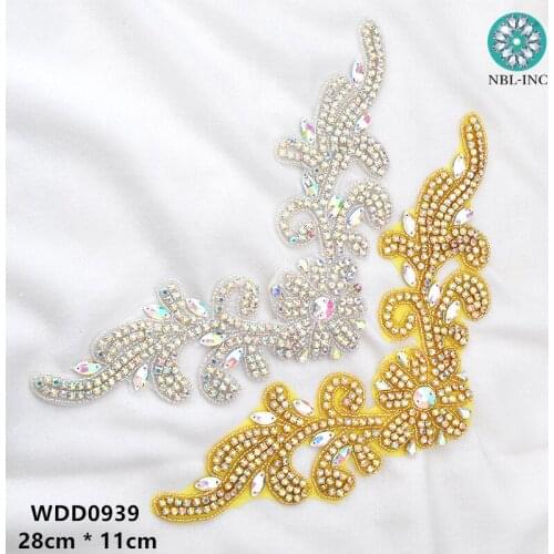 30pcs) wedding dress AB gold beaded crystal rhinestone neckline appliques iron on for wedding dresses WDD09389