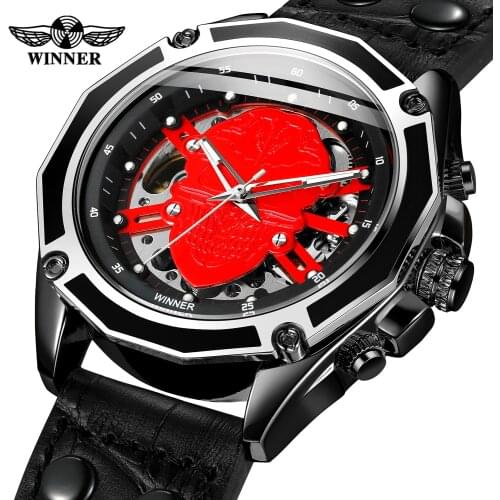 Fashion Winner Dial Skull Skeleton Wristwatch For Men Self-winding Movement High-end Luxury Top Brand Leather Band
