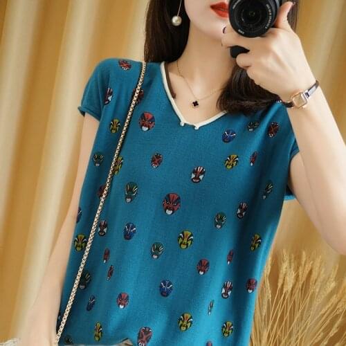 Pure cotton T-shirt 2021 summer casual knitted sweater short-sleeved womens V-neck pullover plus size cotton and linen top tees