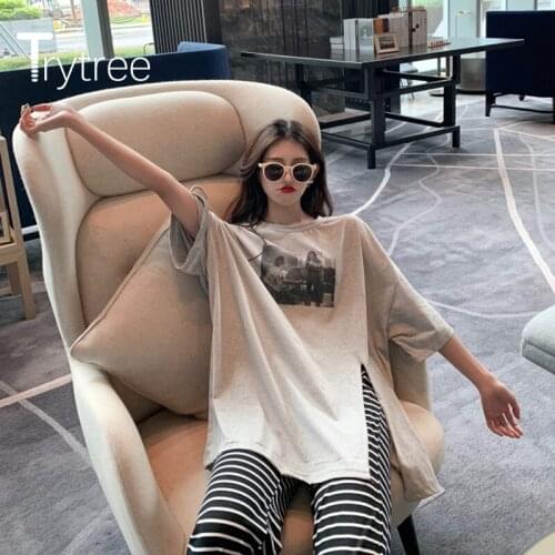 Trytree 2020 Summer Casual Woman T-shirt O-neck 2 Color Loose Fashion Split hem Office Lady All-Purpose Style T-shirt Tops