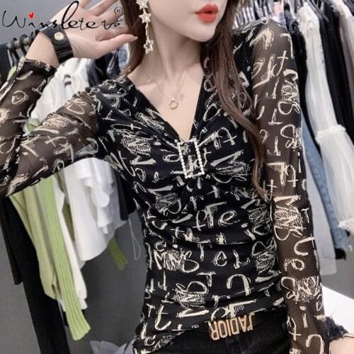 Spring Fall Korean Style Mesh T-Shirt Chic V-Neck Leopard Print Drape Women Tops Sexy Long Sleeve Tees All Match New T18712A