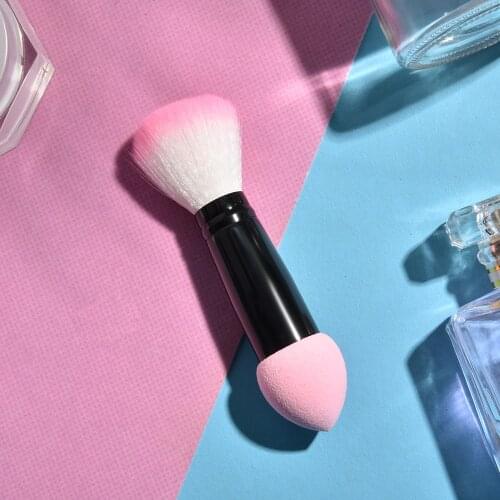 2 in 1 Makeup Blush Brush Soft Nylon Hair Make Up Brushes Two Head Metal Handle Blusher Cosmetic Tools with Foundation Sponge