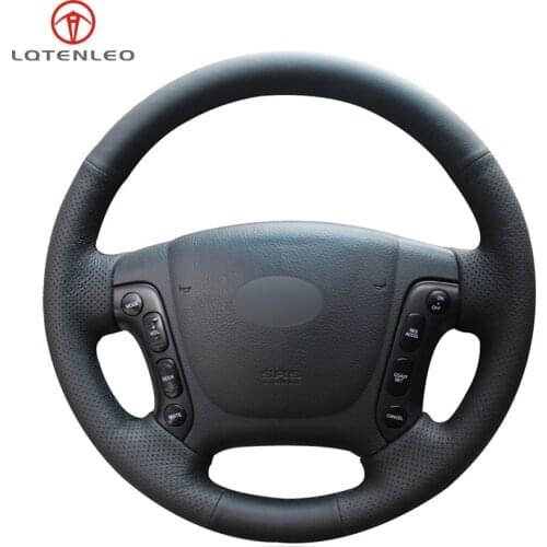 LQTENLEO Black Genuine Leather Hand Sew Car Steering Wheel Cover For Hyundai Santa Fe 2006 2007 2008 2009 2010 2011 2012
