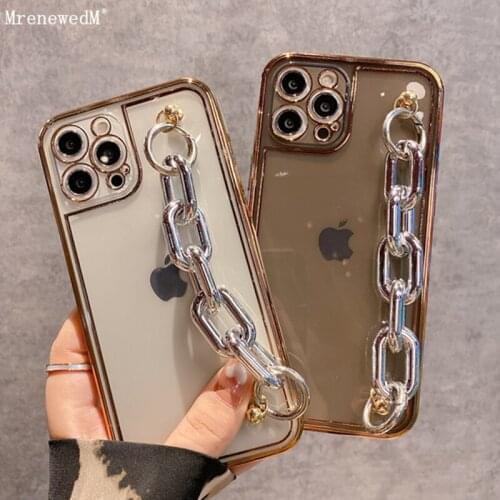 Fashion Wrist Bracelet Chain Phone Case For iPhone 12 11 Pro 7 8 Plus XR XS Max SE2 Luxury Gold Plating Frame Transparent Cover