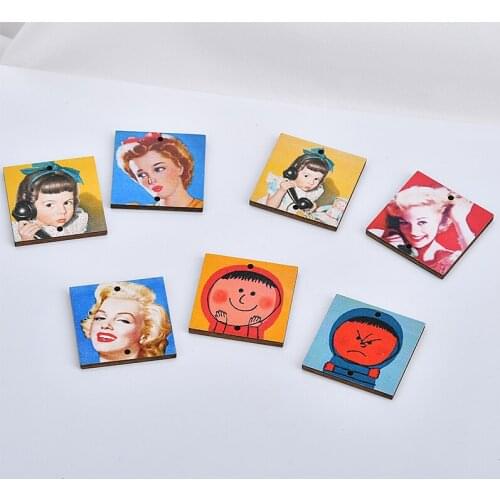 New arrived 30pcs/lot 30mm color pattern printing geometry square shape wood beads diy jewelry pendant accessory