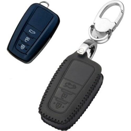 Genuine Black PU Leather Remote Key Bag Case Fob Holder Chain For Toyota Camry /Prado 2018-2019