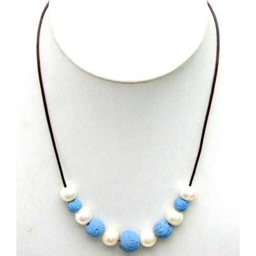 SALE Big 10-11mm White Potato Natural Freshwater Pearl with blue Lava rock Necklace 18" with Genuine Leather-5897