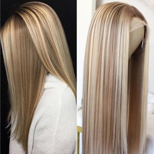 Blonde Lace Front Wig Ombre Synthetic Hair Wig Middle Part Highlight Wig Long Straight Hair 22 inch
