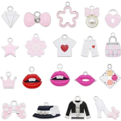 6-15pcs Flowers Charms Jewelry Making Enamel Charms hat bow hearts mouth crown Handmade Pendant For Diy Bracelet Jewelry Making