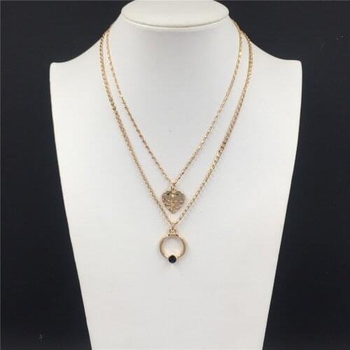 Lovely Gold Color Plating Rose Engraved Heart Charm With Circle Layered Necklace For Women Elegant Gorgeous Chic Sweet Jewelry