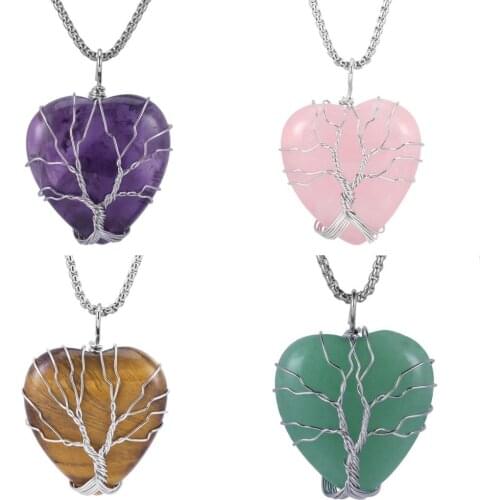 SUNYIK Sliver Color Wire Wrapped Tree of Life Love Heart Crystal Pendant Fit Necklace,Reiki Natural Gem Stone Charms Jewelry