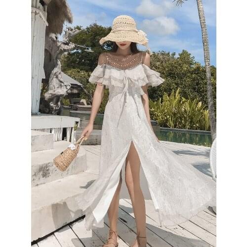 Glittering Print One Line Shoulder Lotus Leaf Edge Open Back Sling Sexy Dress Seaside Holiday Super Fairy Beach Summer