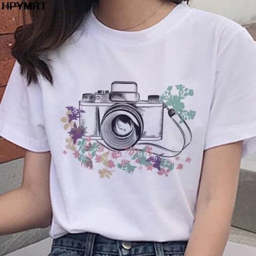 Camera flower Print T Shirt Women 2020 New Summer Couples Lovers Female T-Shirt Harajuku Casual White Tops Tshirt femme clothing