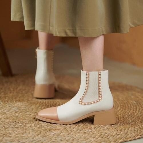 Elegant Women Ankle Boots Retro Square Toe Chunky Heels Zipper Motorcycle Boots Fashion Platform Autumn Winter Party Shoes Lady
