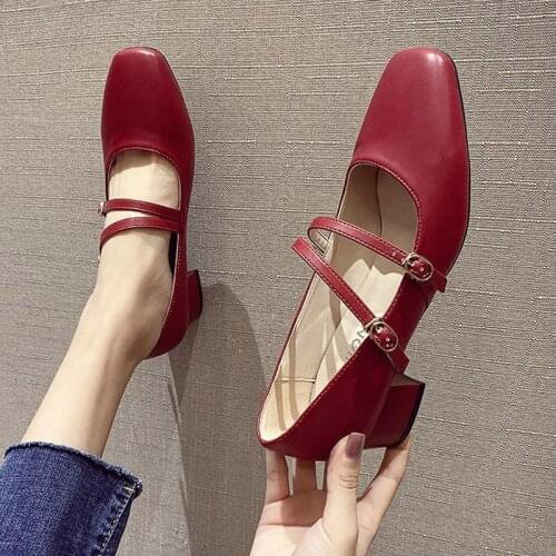 Plus Size 35-42 Women Dress Shoes 2020 Double Buckle Ladies Shoes Med Heels Pumps Boat Shoes Square Toe Mary Janes Shoes 8376G