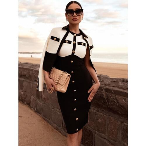 Bandage Dress 2021 Women Luxury Sexy Sleeveless Patchwork Button White Bodycon Designer Elegant Evening Party Dress Vestidos