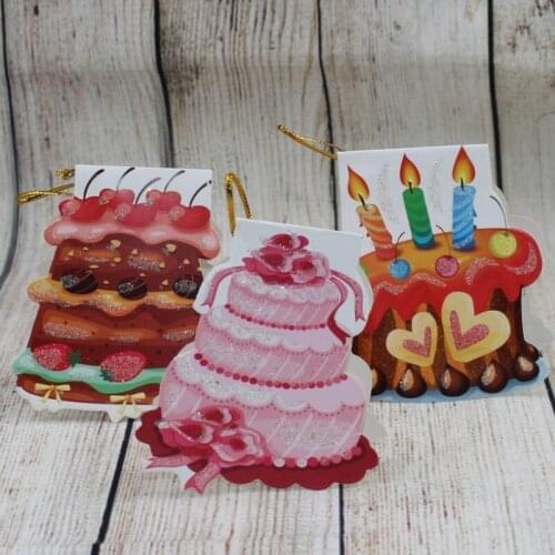 160pcs/lot New Creative Birthday Cake Series Small Hanging Card Golden Silk Rope Childrens Birthday Wishes Small Gift Cards