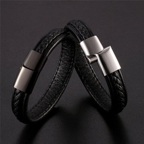 2019 New Design Handmade Braided Genuine Leather Bracelet & Bangle For Men Stainless Steel Bangles Ladies Fashion Christmas Gift